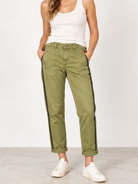 Anthropologie Womens Chino Pant Relaxed Fit Green Side Stripe Stretch Size 26